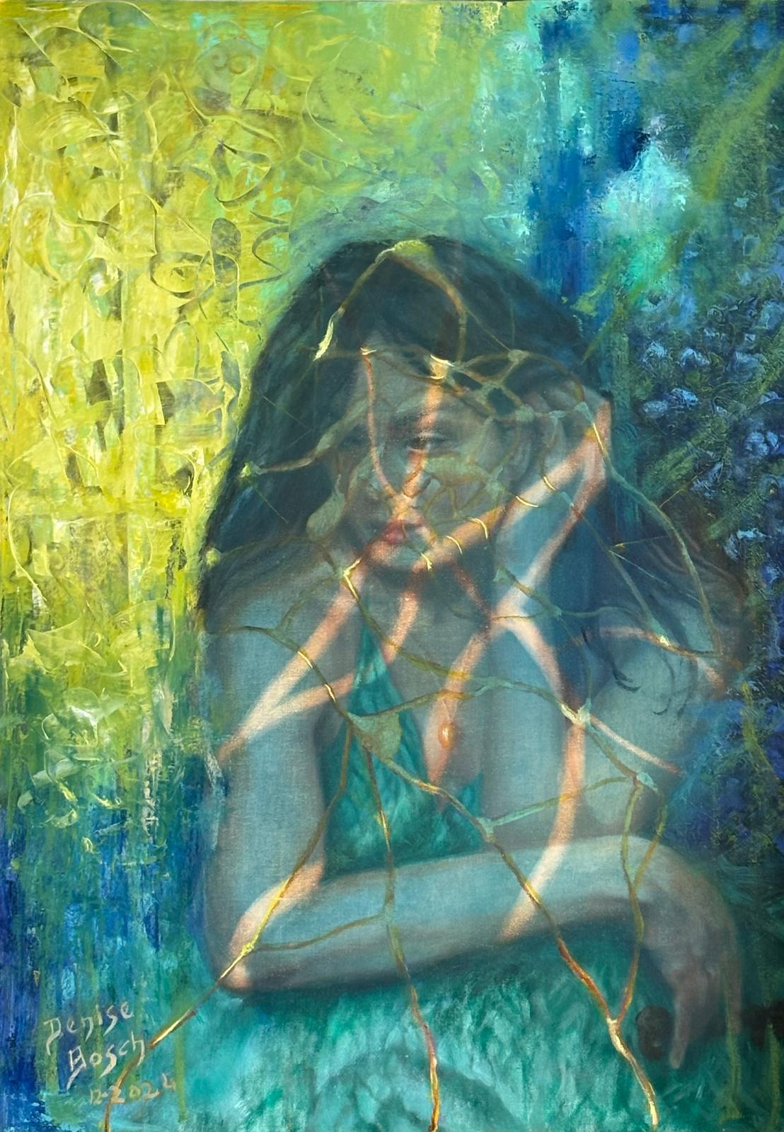 A woman with long black hair, in a green dress resting her head on her hand.