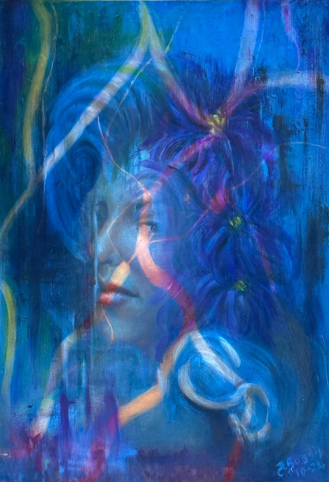 Side profile of a woman with purple flowers in her hair.